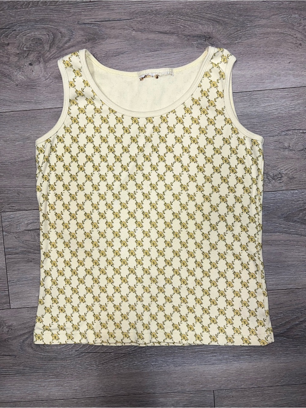 Women's Yellow Floral Vintage Tank Top Diagonal Flowers & Leaves Size Small
